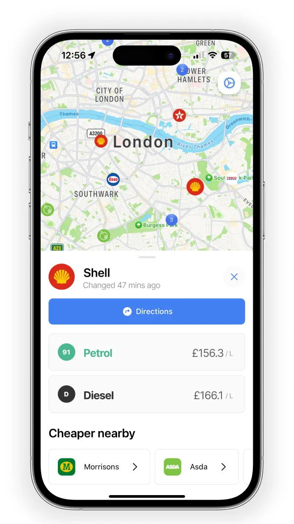 Petrol prices shown in the Roadtrip app