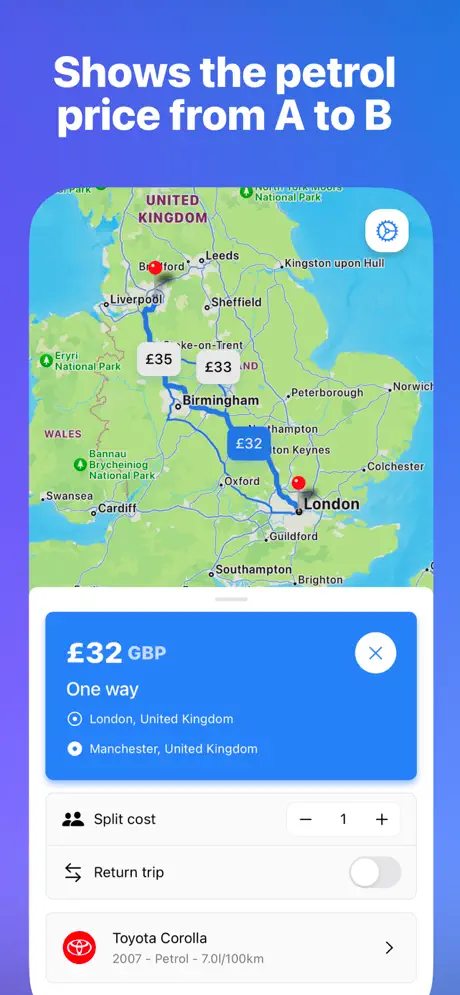 Shows the petrol price from A to B